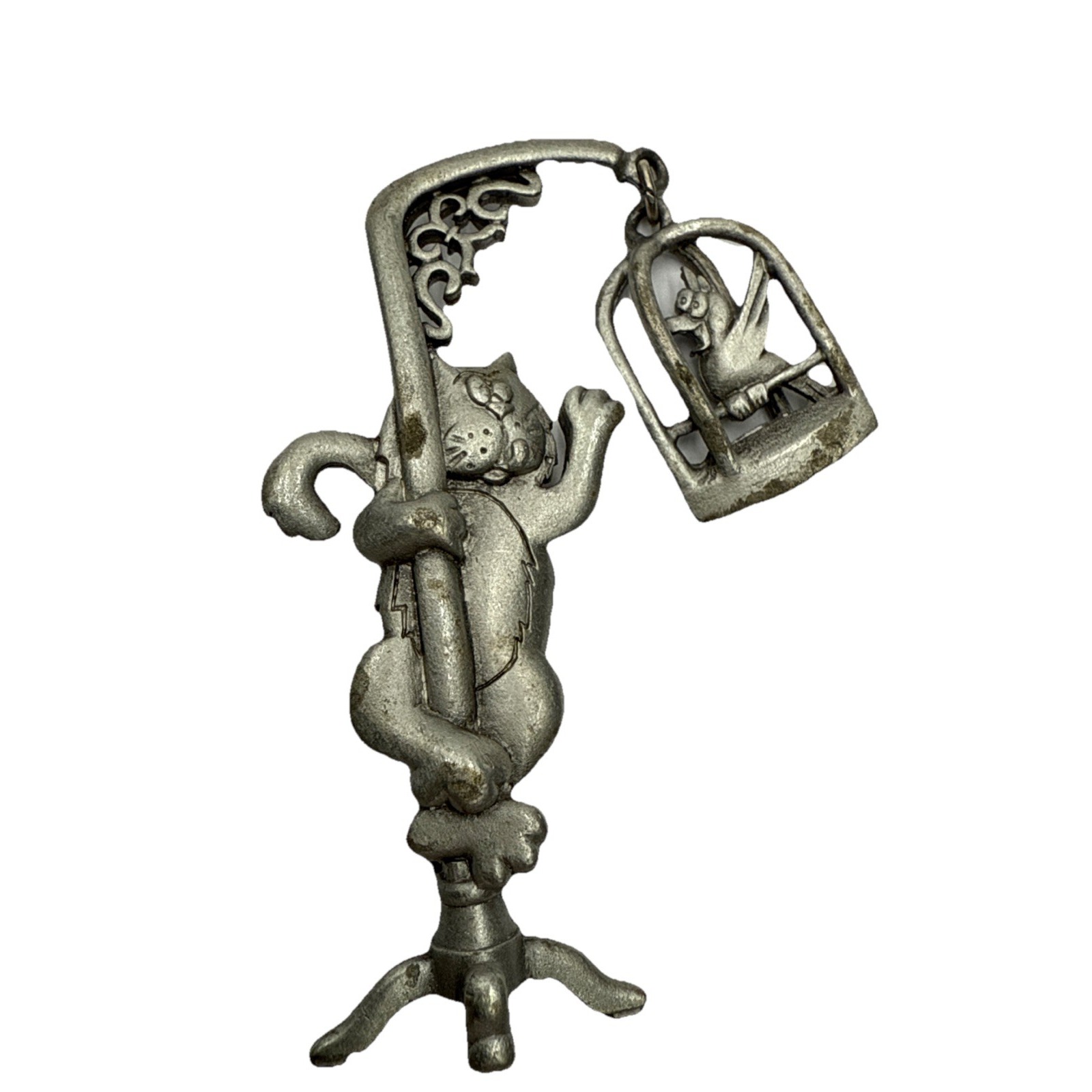 Vintage Jj Pewter Cat And Articulated Bird Cage Brooch Pin Jonette Jewelry